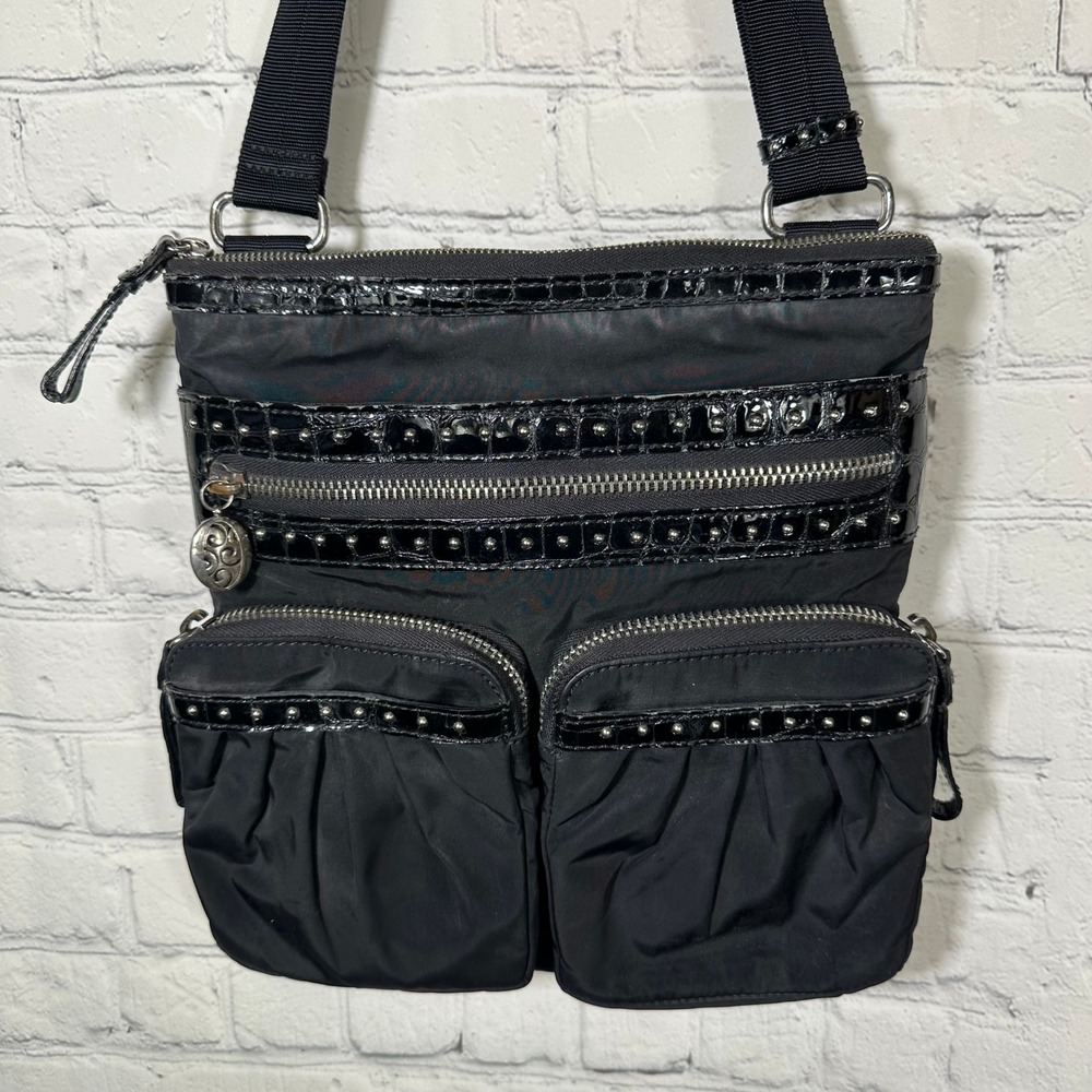 Brighton Black Nylon Patent Croc Trim Crossbody Bag E574029 Studded Organizer